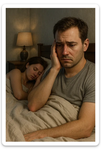 Vertical, hyper-realistic 3D cutaway illustration: uomo con difficoltà con la propria compagna nel letto, faccia depressa sticker