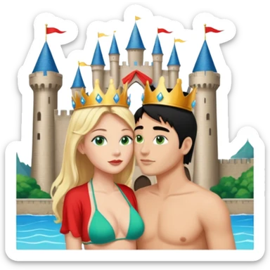 Blonde Queen with crownGreen eyes in Bikini kissing Male subject without crown black hair blue eyes Background Castle  sticker