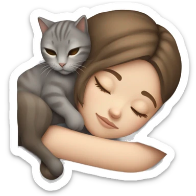 White girl brown hair sleeping with gray cat sticker