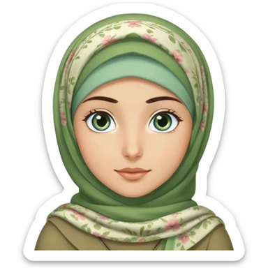 Turkish beautiful finish Konya girl blue eyes and green khaki hijab and light green floral dress and she go out on office sticker