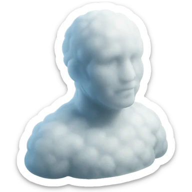 person looking straight, fully made of white fluffy convex clouds, shoulders visible, matte glass style sticker