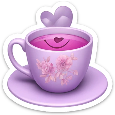 a beautiful aesthetic cup in pastel purple with a floral pattern in dark pink and next to it a love letter in purple  sticker