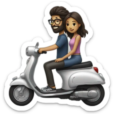 Boy with long hair, beard, and glasses, riding a black scooter with a girl on the back sticker