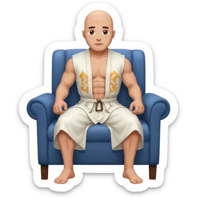 fullbody jacked bald guy, sleeveless and unbuttoned in full white robe sitting without chair and hands down sticker
