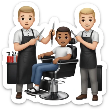 Barber cutting boys hair. Show the boy sat in black barber chair and both having smiles on their faces sticker