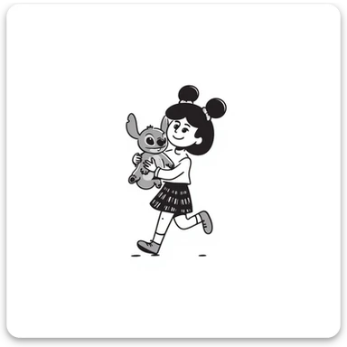 Lilo from Lilo & Stitch in a hand-drawn doodle style, simple black lines, holding a plush toy, cheerful expression sticker