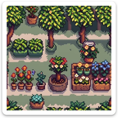 garden scene with flowers, trees, and plants sticker