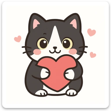 A kawaii style tuxedo cat with yellow-green eyes, white muzzle, and a symmetrical black patch on the forehead and around the eyes, hugging tightly a red heart on one side. Keep the kawaii style and details from the reference image. sticker
