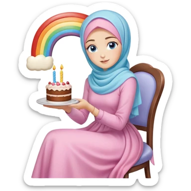 Turkish beautiful finish Konya girl blue eyes with pastel hijab long tail dress and sits on the chair and holds rainbow cake with her hand  sticker