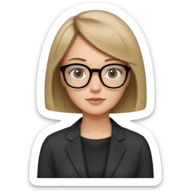 woman dark blonde petite bob haircut wears dark squarish glasses, classic clothes sticker