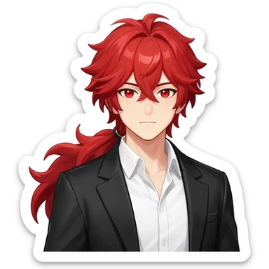 Handsome gorgeous anime man with bright-red hair, thick long messy wavy ponytail, red eyes, white shirt, black jacket, stone face, Diluc from Genshin Impact sticker