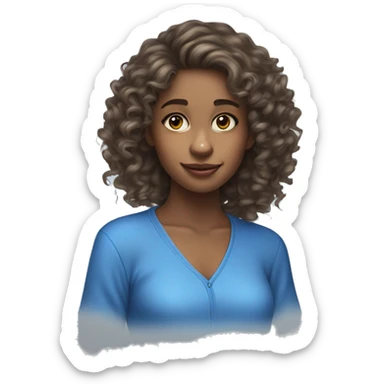 20 year old femle short long curly hair blue eyes wears blue clothes, has a monkey and elephant  sticker