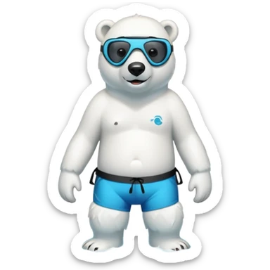friendly anthropomorphised polar bear standing in a puddle of water, wearing board shorts, scuba mask over eyes with snorkel tube sticker