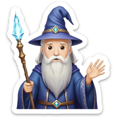 old man wizard with a beard casting a spell with a wand with sparkles and magic sticker
