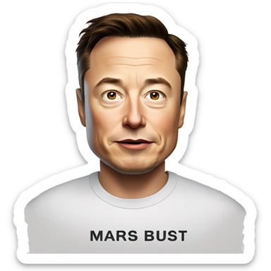 Elon musk wearing a T shirt with “Mars or Bust” on it sticker