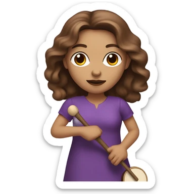 White woman standing with long flowing purple dress and long wavy brown hair holding a small handheld frame drum and a drum stick sticker