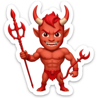 Red devil with short horns and trident, grinning mischievously sticker