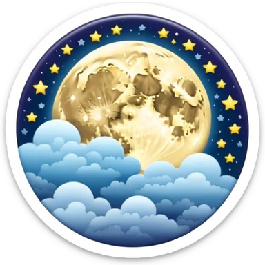 A round galactic colored button with a damask style full moon, stars, and clouds in the center sticker