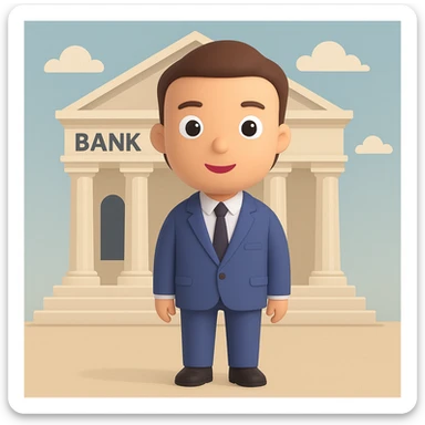 Add a bank building background to the bank manager in a general style, versatile and adaptable to any look. sticker