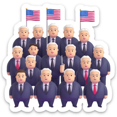 group of fat politicians together wearing suits with flag pins sticker
