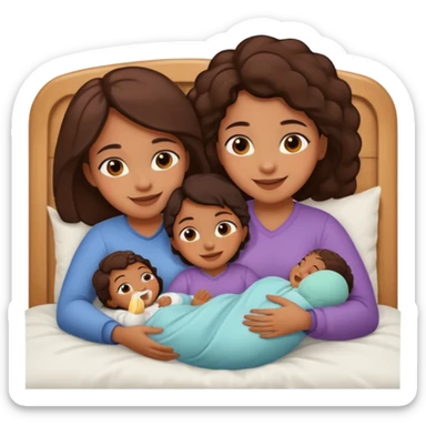 Two brown girls cuddling in bed with a baby sticker