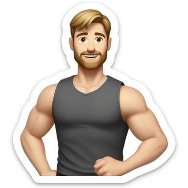Full height realistic Actively gesturing with hands Pale skinned Fit Man With the biceps and brown hair in dark gray Sleeveless Mike, black oversize sports shorts, watch and white Sneakers sticker