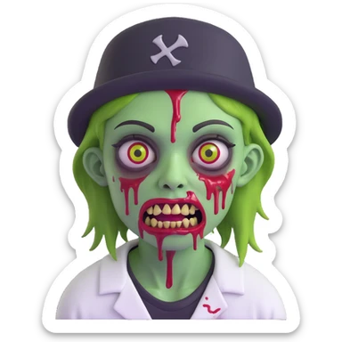 green zombie with blood on lower eyelid, wearing LA hat, white shirt, blood on mouth sticker