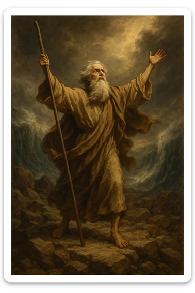 Moses with a long rod, arms raised, wind blowing his robe, rocky terrain, spiritual atmosphere sticker