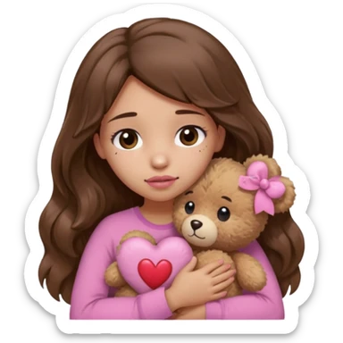 girl with long wavy brown hair, brown eyes, light to medium complexion, in a pink shirt, pink lips, long lashes, sad, hugging squeezing a teddy bear with heart band aid sticker