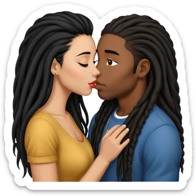 Latina Woman with long hair kissing a young black guy with dreads no beard sticker