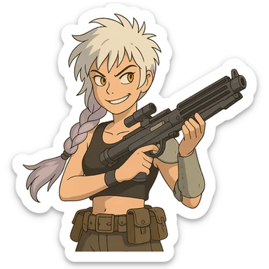 1 FEMALE, GOLD YELLOW EYES, WHITE HAIR LAVENDER TIPS, MESSY LOCKS BANGS MOHAWK, LONG BRAID, small black sports tank top, a single large light gray shoulder pad, tactical belt with many pouches, HOLDING A STORMTROOPER'S E11 BLASTER RIFLE, BRANDISHING, mischevious GLARE, style of star wars original character sticker