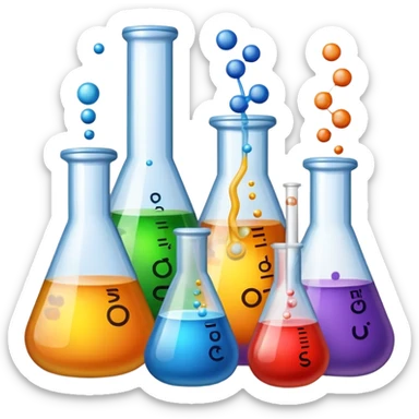 An icon featuring chemical flasks, liquids, powders, and chemical formulas, symbolizing the science of chemistry. The design includes bubbling reactions, molecular structures, and test tubes, representing experimentation and chemical analysis. Transparent background. sticker