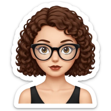 white girl with chest-length brown curls and black cat-eye glasses sticker