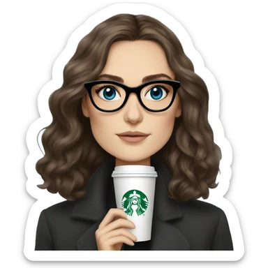  ⁸lHyper Realistic Photo keireav Knightly wearing black glasses and blue eyes holding Starbucks  sticker