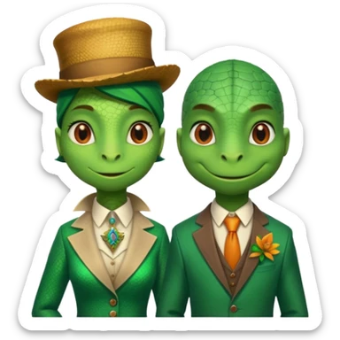 Female lizard and male lizard wearing human clothes sticker