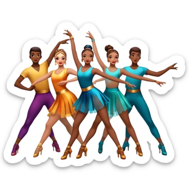 Icon for Contemporary Dance: a synchronized group dance performance with dancers in modern outfits, performing on stage with bright spotlighting and energetic movement. The icon should capture the dynamic and vibrant nature of contemporary dance. Transparent background. sticker