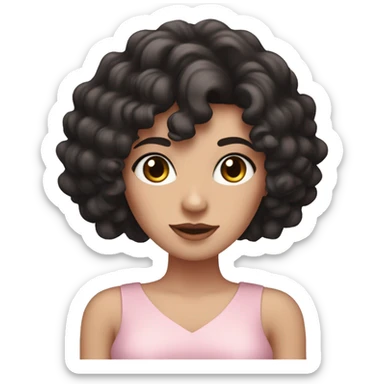 White woman with long black curly hair and bangs and dark brown eyes, wearing a pastel pink dress sticker