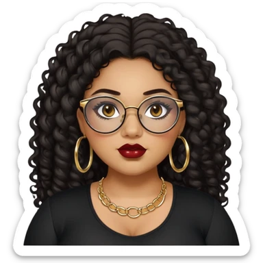 teen big plus size, latina, darker tan skin, gold hoops, long black curly hair, baddie,pretty, makeup, dark red lipgloss, black eyeliner, long hair, black top, black glasses sticker