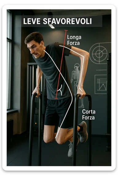 a tall, lean man with very long arms and a short torso attempts a dip on parallel bars. His elbows are deeply bent and his body appears awkwardly positioned, highlighting the mechanical disadvantage. An overlay shows anatomical lines and angles, with labels explaining “Leve Sfavorevoli” The background is a modern gym, with a focus on biomechanics. sticker