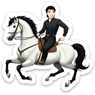 A hand-drawn, black-and-white digital illustration in a playful, cartoonish style. A man with solid black hair and solid black pants is riding a horse, holding the reins with confidence. He has a joyful and adventurous expression as the horse moves forward with energy. The horse has a flowing solid black mane and tail, with strong, bold lines emphasizing its movement. Its legs are slightly bent, giving a sense of action. The background is minimal, keeping the focus on the rider and the horse sticker