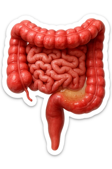 intestino anatomico umano affetto da gastroenterite, diarrea liquida nel colon ben visibile, iperrealistico 4k sticker
