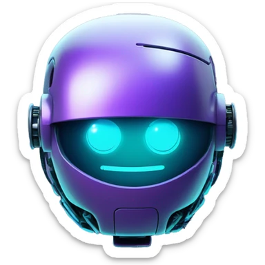 Smily face robotic scanning device, cyberpunk, cyan and purple colors, friendly, futuristic, binary code sticker
