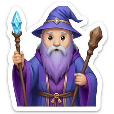 A wise old bear wizard with long beard casting a blue spell with wooden staff and purple flowing robes sticker