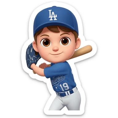 Toddler boy Baseball player wearing a dodgers uniform with brown hair, brown eyes and light skin sticker