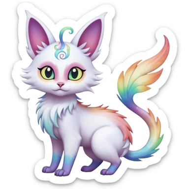 Pure-snow-White albino iridescent with pastel rainbow-gradients-color-markings with swirly patterns butterflies  faerie-Noivern-Noibat-Purloin-Torracat-Lykoi-Caracal-cat-Fakemon-fusion-hybrid-creature sticker