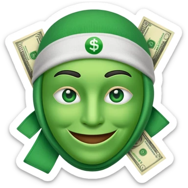Green, happy face with money symbol, eyes, and ski mask on sticker