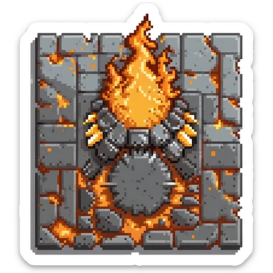 Industrial metal wall explosion tile, slate colored (#334155) metal fragments and debris flying from center, bright orange and yellow flames, metallic sheen on fragments, rivets visible on some pieces, pixel art style sticker