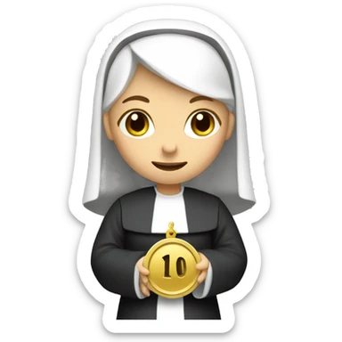 A blonde nun holding a coin with the number 10 on it sticker