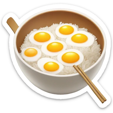 a bowl of rice with double yolk egg and two chicken drumstick sticker
