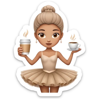 Elegant ballerina in a cappuccino-colored tutu, posing gracefully with a coffee cup sticker